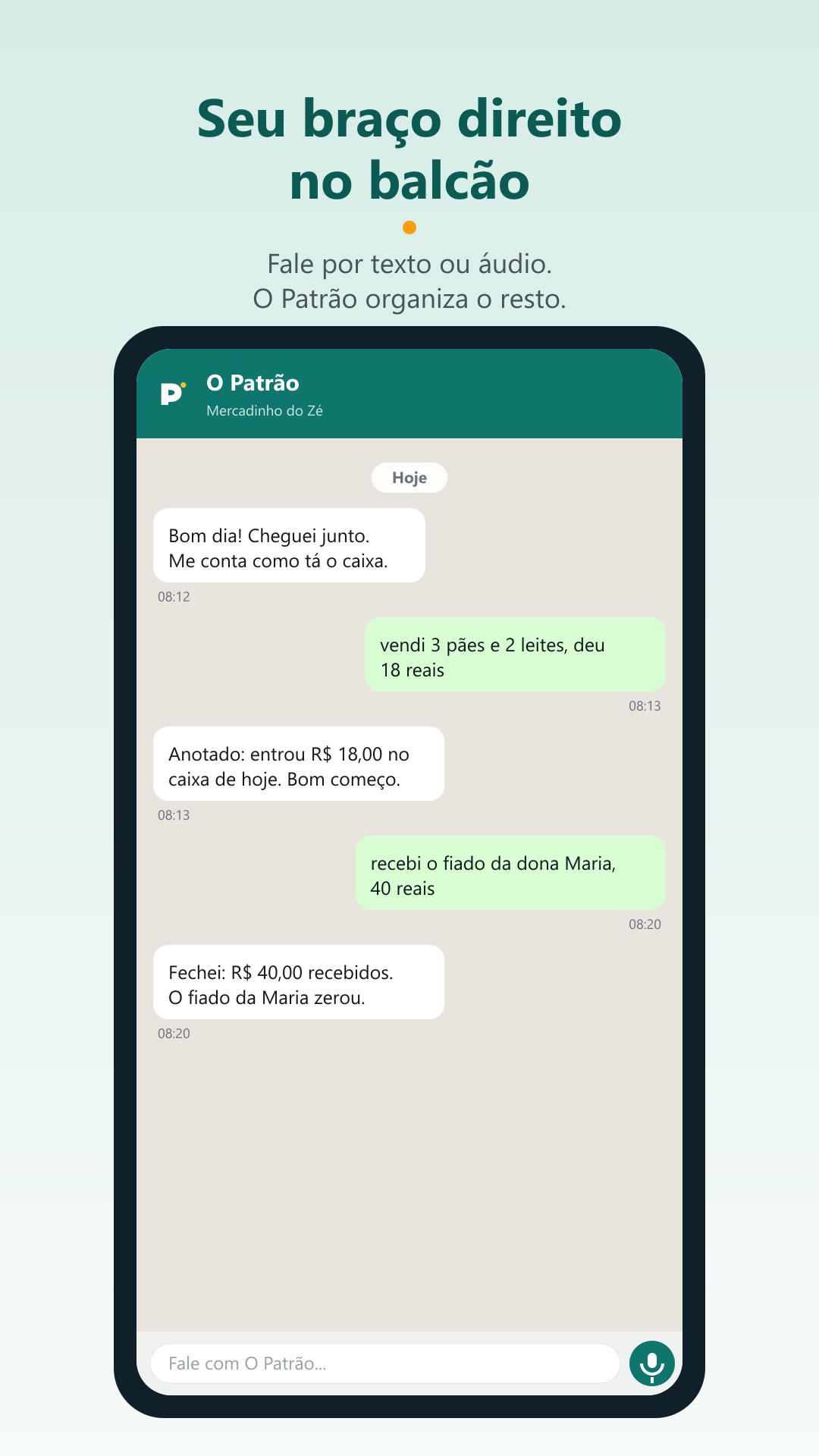 Tela do chat com O Patrão registrando uma venda