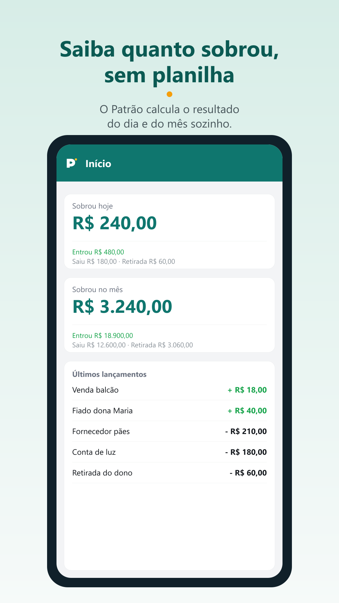 Tela inicial com o resumo do que entrou, saiu e sobrou